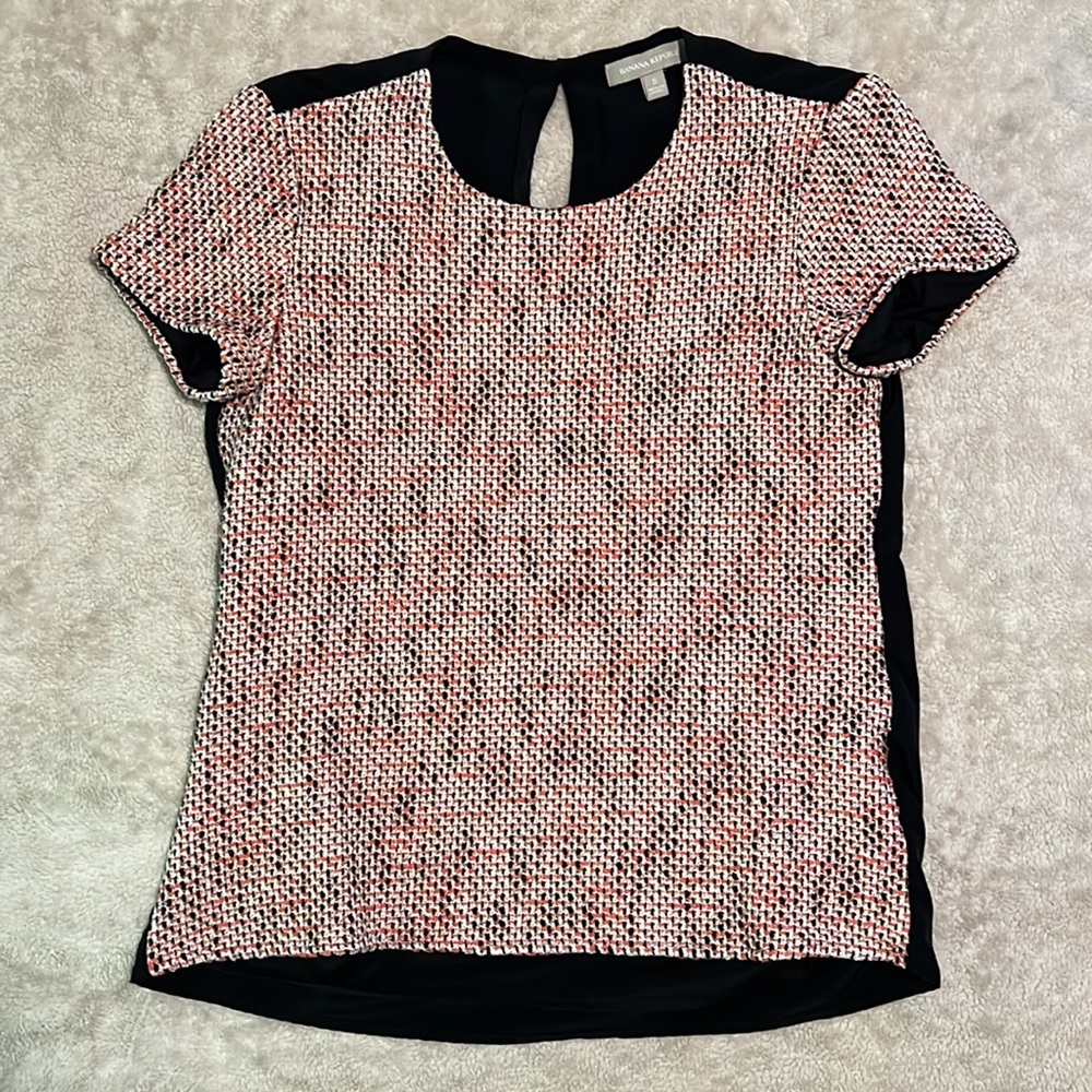 Banana Republic Pink Black White Knit Shirt Short Sleeve Top Womens Size Small